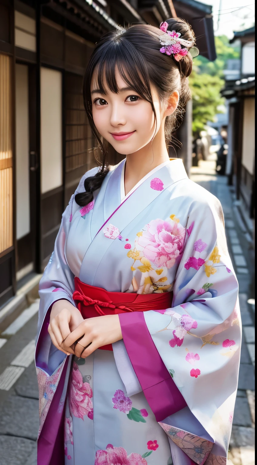 Professional Lighting,(Realistic:1.4), (Top image quality:1.0), (超High resolution:1.0), 8k, Raw photography, (masterpiece:0.2), (Dealing with the Children_v1:0.5)、(最高quality Detail:1.2)、Realistic、8kウルトラHD、High resolution、(1 girl:1.2)、超detailedな、High quality textures、複雑なdetailed、detailed、Very detailed CG、High quality shadows、detailed 美しく繊細な顔、Beautiful details and a delicate eye、(Symmetrical eyes:1.2),Written boundary depth、Ray Tracing,1 girl, Japanese Girls, (Natural smile:1.4),cute, thin, Portrait of a beautiful Japanese woman in a kimono, Standing elegantly on a street corner in Kyoto. Kimono with vibrant traditional patterns, Hair decorated with elegant and delicate hairpins, Gentle expression. (With the old streets of Kyoto in the background:1.4)、The soft light of a spring afternoon、Adding tranquility to the scene. Rendered in a Realistic style with great attention to detail, High resolutionの画像.Sky Porn, Magic Hour, (Realistic:1.3), finely, quality, (Tabletop:1.2), (Realistic:1.2), (最高quality), (複雑なdetailed), dramatic, Ray Tracing, photograph, +roller