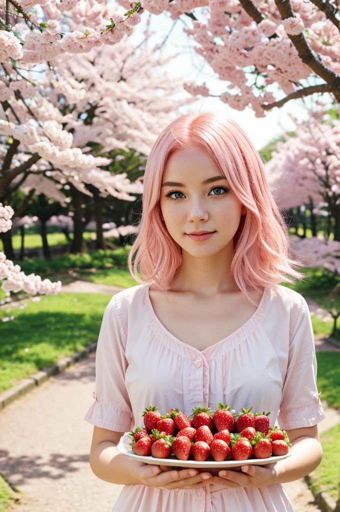 Young woman, light pink hair, green eyes, likes strawberries and standing under sakura trees