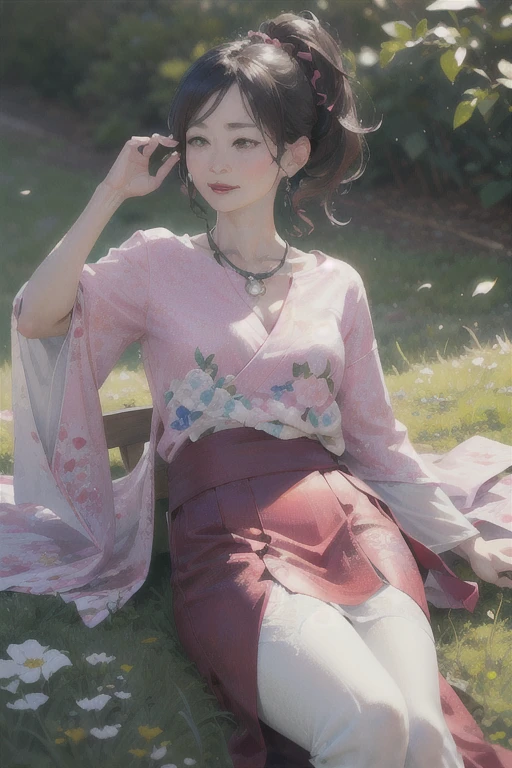 Beautiful and mature 55 year old Japanese woman, Married women, Fine Lines, Long eyelashes, Shining Eyes, Low Ponytail, Red lipstick, elegant, Gorgeous figure, Pearl Necklace, Pink blouse, Floral print slit skirt, whole body, lying on the green grass, Sleep on your back, , (Highest quality,4K,8k,High resolution,masterpiece:1.2),Very detailed,(Realistic,photoRealistic,photo-Realistic:1.37),High resolution,超High resolution,Studio Lighting,Ultra-fine painting,Sharp focus,Physically Based Rendering,Very detailed説明,Professional,Vibrant colors,Bokeh,Portraiture