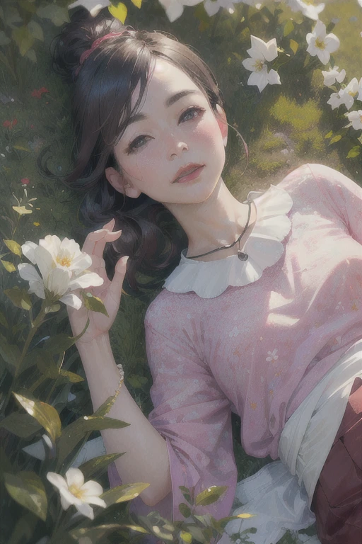 Beautiful and mature 55 year old Japanese woman, Married women, Fine Lines, Long eyelashes, Shining Eyes, Low Ponytail, Red lipstick, elegant, Gorgeous figure, Pearl Necklace, Pink blouse, Floral print slit skirt, whole body, lying on the green grass, Sleep on your back, , (Highest quality,4K,8k,High resolution,masterpiece:1.2),Very detailed,(Realistic,photoRealistic,photo-Realistic:1.37),High resolution,超High resolution,Studio Lighting,Ultra-fine painting,Sharp focus,Physically Based Rendering,Very detailed説明,Professional,Vibrant colors,Bokeh,Portraiture