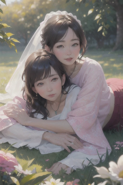 Beautiful and mature 55 year old Japanese woman, Married women, Fine Lines, Long eyelashes, Shining Eyes, Low Ponytail, Red lipstick, elegant, Gorgeous figure, Pearl Necklace, Pink blouse, Floral print slit skirt, whole body, lying on the green grass, Sleep on your back, , (Highest quality,4K,8k,High resolution,masterpiece:1.2),Very detailed,(Realistic,photoRealistic,photo-Realistic:1.37),High resolution,超High resolution,Studio Lighting,Ultra-fine painting,Sharp focus,Physically Based Rendering,Very detailed説明,Professional,Vibrant colors,Bokeh,Portraiture
