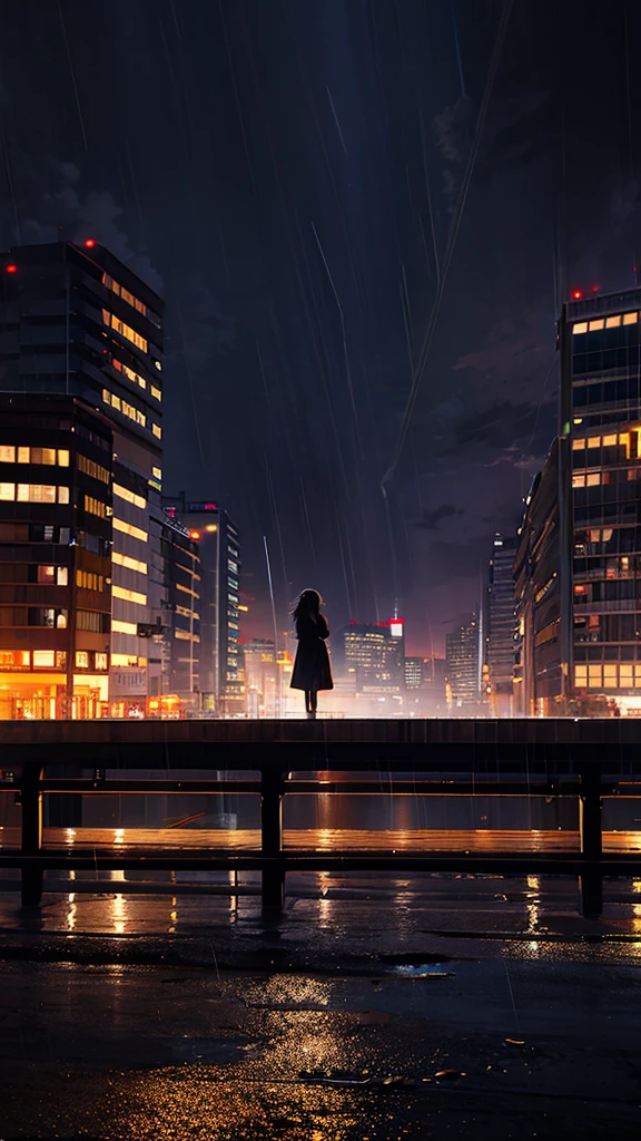 Octane, null,rain,scenery,  night, One girl, night null, alone, Outdoor, building, cloud, rain, Sitting, wood, Long Hair, city, silhouette, cityscape後ろ姿, 