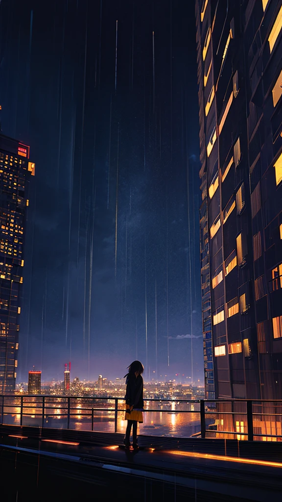 Octane, null,rain,scenery,  night, One girl, night null, alone, Outdoor, building, cloud, rain, Sitting, wood, Long Hair, city, silhouette, cityscape後ろ姿, 