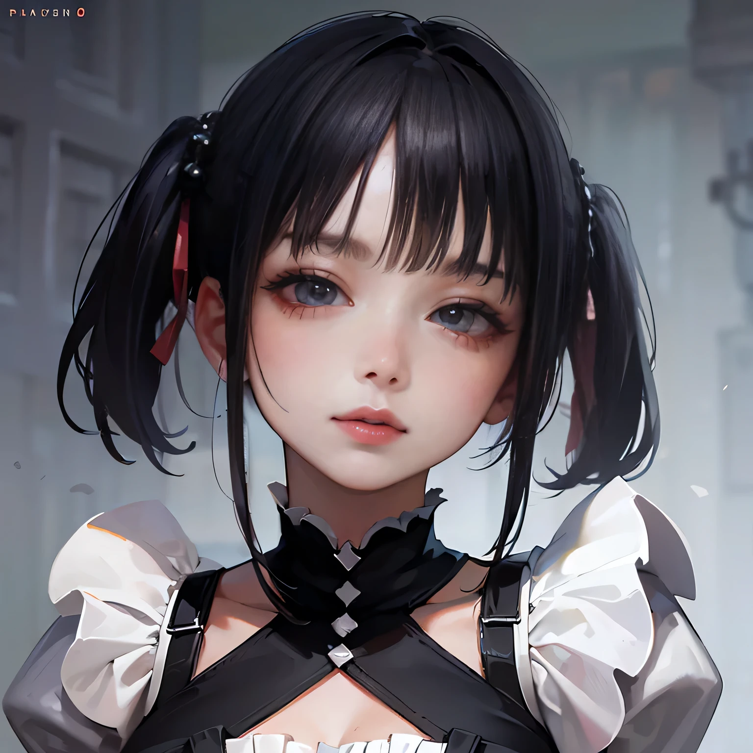 (8k, RAW Photos, Highest quality, masterpiece: 1.2), (Real、Photorealistic: 1.4), (Highly detailed 8K wallpapers), Very delicate and beautiful, Ultra-high resolution, 3d, cute girl like a doll, highly detailed dress, Twin tails, Blunt bangs, Lustrous black hair, Transparent white skin, large, round eyes, Thin lips, round face, From above, Elevation, Looking at the camera, The best light, Perfect composition, 

