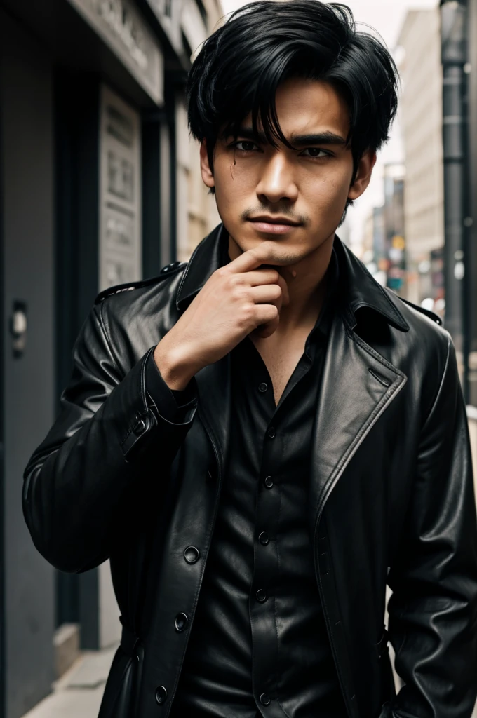 Man with short black hair, long black leather trench coat with black shirt, black pants and black shoes, a glove on his left hand, full of small scars on his face and a Scar that tears his left eye. Said man has white skin, his right eye is green.