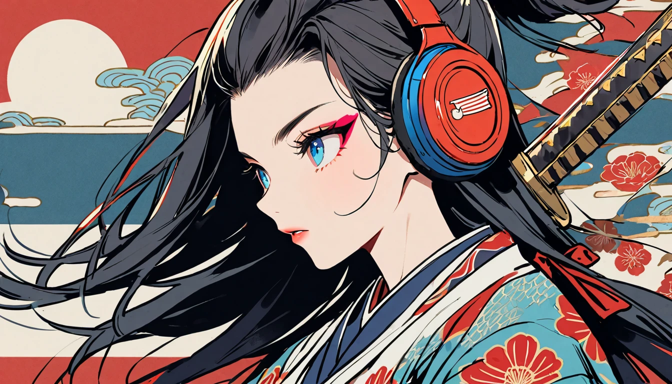 (((1 girl))), (((Flashy makeup))), (((Japanese style headphones))), (((Japanese pattern hoodie))), (((Japanese sword))), (((Female samurai))), Japanese beautiful girl, Black Hair, Delicate and precise, Modern ukiyo-e style, Japanese flag, red and blue neon