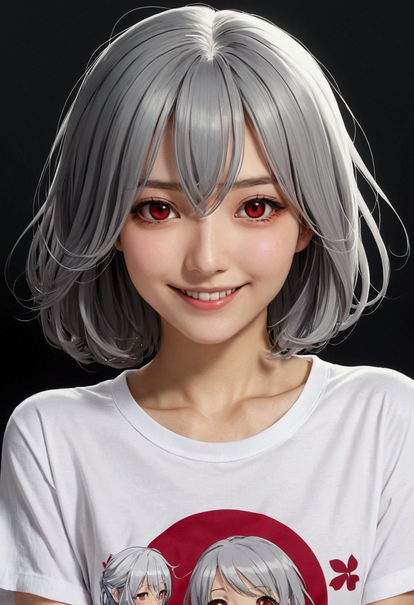 Gray Hair　Small breasts　Sukesuke T-shirt　Crimson Eyes　Smiling suspiciously　Girl