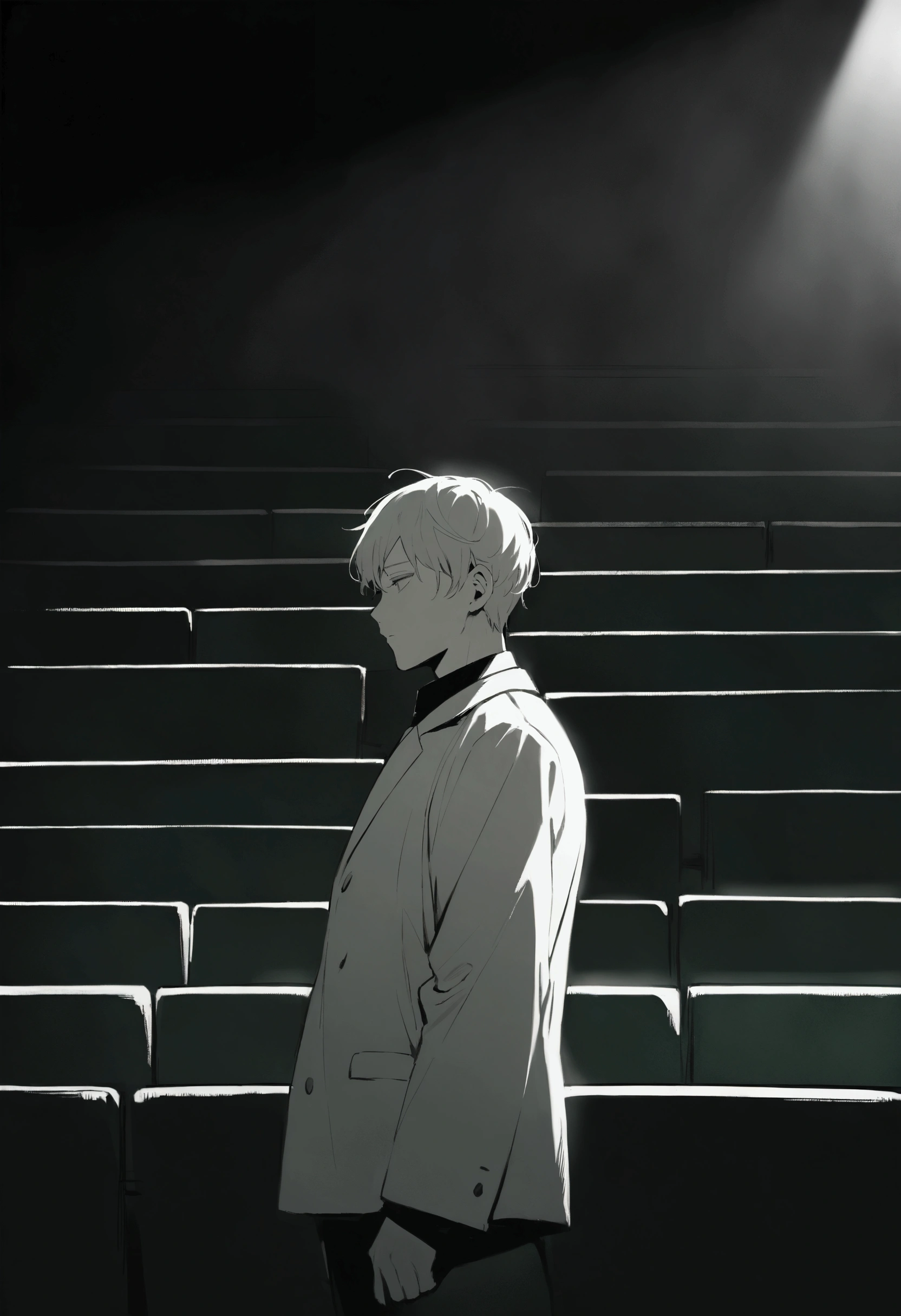 A young man stands pensively in a empty auditorium, with rows of green velvet seats behind him. He wears a light-colored jacket with a crest and a collared shirt. The scene is captured in black and white, emphasizing the somber mood; partially obscured. The lighting is soft, contributing to the contemplative atmosphere.