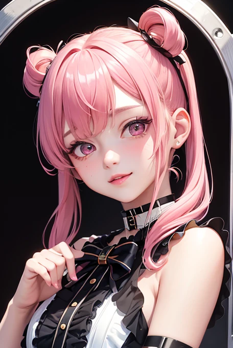masterpiece, best quality, highly detailed, high resolution, expensive resolution, high resolution, 4k, 8k, uniform 8k wallpaper, highly detailed CG, masterpiece, 2d, 3d, beautiful details, depth, fine texture, best quality: 1.3, perfectly focused, sharp. skin, him, very cute anime girl, her name is Mei, short pigtails, idol, in the rain, expensive pink short pigtails, mole under eye, looking at the viewer, expensive, blush, mole, open lips, pink eyes, heart shaped choker, smiling face