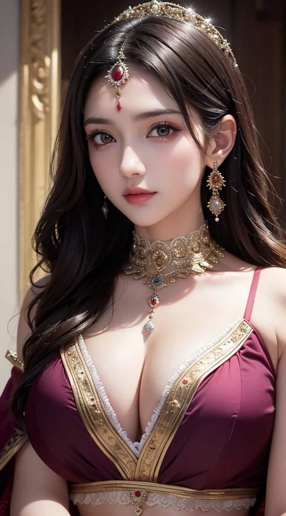 1 Girl, Cute face,Pretty Face, Jaw-dropping beauty, Indian Clothing, Perfect beautiful eyes, ((Ultra High Detail 1.9)),((Ultra-high resolution 1.9)),((Ultra high quality 1.9)),(masterpiece)), (Perfect lighting), (Very Big Breasts 1.9)), Cleavage,lace tube top