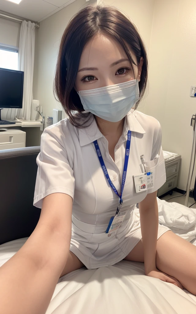 1 girl,(Wearing white nurse clothes:1.2),(RAW Photos, Highest quality), (Realistic, photo-Realistic:1.4), masterpiece, Very delicate and beautiful, Very detailed, 2k wallpaper, wonderful, finely, Very detailed CG unity 8k wallpaper, Very detailedな, High resolution, Soft Light, Beautiful detailed girl, Very detailed eyes and face, Beautiful and detailed nose, finely beautiful eyes, nurse, Perfect Anatomy, Black Hair,, nurse uniform, ((mask)), skirt, nurse, White costume, thin, hospital, clear, White Uniform, hospital room, Working with his back to me、Stretching to get medicine that is high up