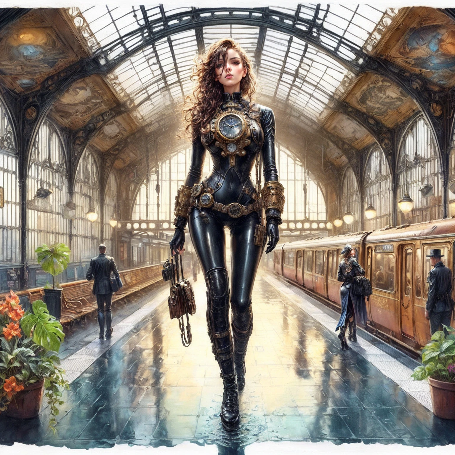 arafed image of a woman in a black rubber suit and a clock, steampunk superhero, sci-fi steampunk, inspired victorian sci - fi, a steampunk beautiful goddess, digital steampunk art, dieselpunk railway station, steampunk metropolis, detailed steampunk illustration, colorful sci-fi steampunk, steampunk concept art, steampunk art, hyperrealistic art nouveau
