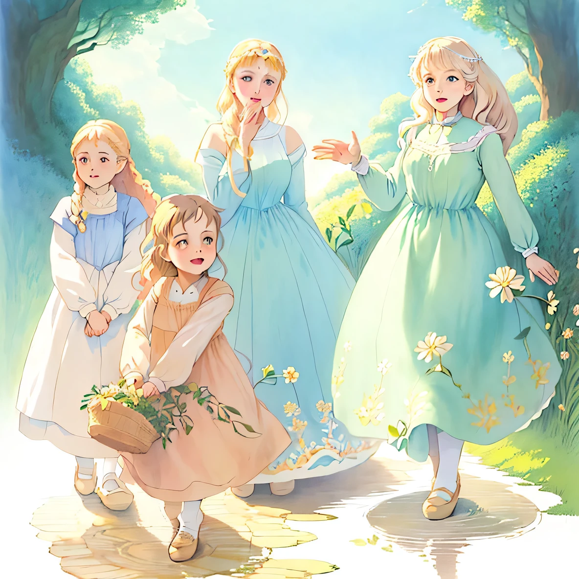 Anime character wearing a long dress and holding a flower, Inspired by Kate Greenaway, Fairy tale style illustration, Ghibli anime style style, Ghibli anime style, Mr.々A pose, Venetian girl, Inspired by Elsa Beskow, Inspired by Richard Doyle, Storybook illustrations, Wearing long, loose clothing, Children&#39;s illustrations