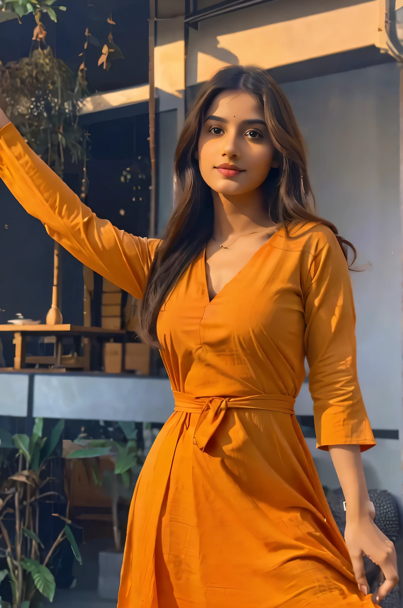 Portrait of A confident-looking indian girl with long flowing hair, hazel eyes, fair composition, hyperrealistic, super detailed, 8k, super high quality, trending art, dancing moves, orange kurti, showing hip, medium breasts, day light, sun