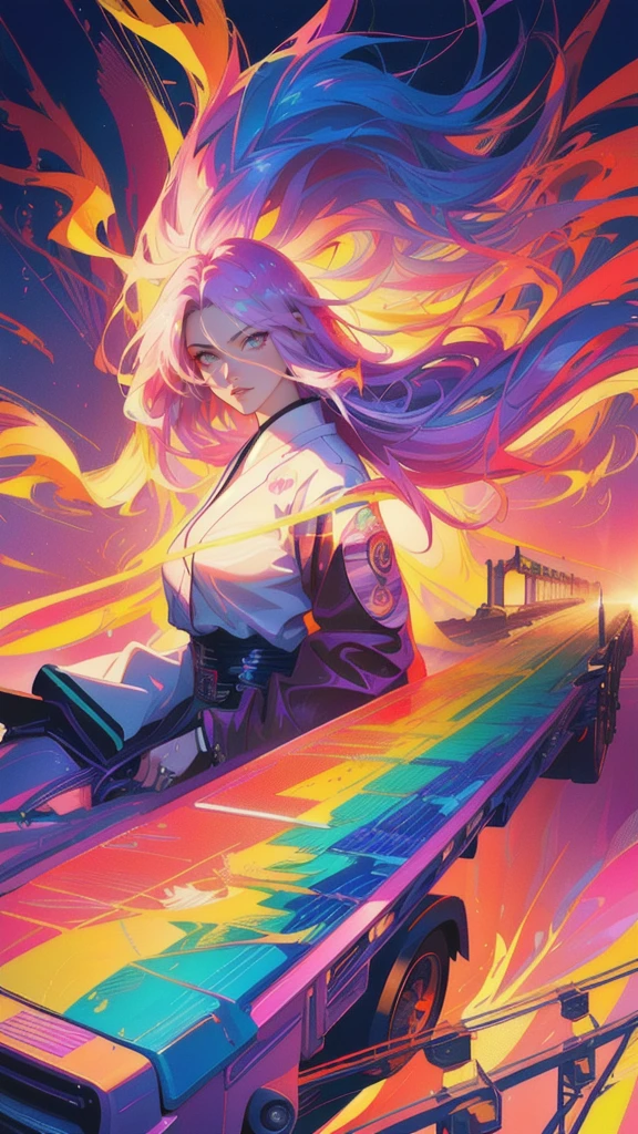 a close up of a car with a girl on it on a rainbow bridge, art deco outrun anime aesthestic, epic anime style, anime epic artwork, badass anime 8 k, epic art style, girl elon musk, joker as naruto, stunning art style, anime style digital art, anime wallaper, anime styled digital art, anime style 4 k, anime style artwork