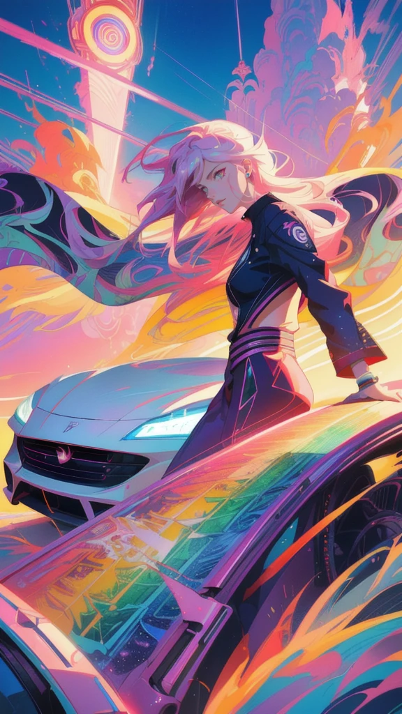 a close up of a car with a  girl  on it on a rainbow bridge, art deco outrun anime aesthestic, epic anime style, anime epic artwork, badass anime 8 k, epic art style,  girl elon musk, joker as naruto, stunning art style, anime style digital art, anime wallaper, anime styled digital art, anime style 4 k, anime style artwork