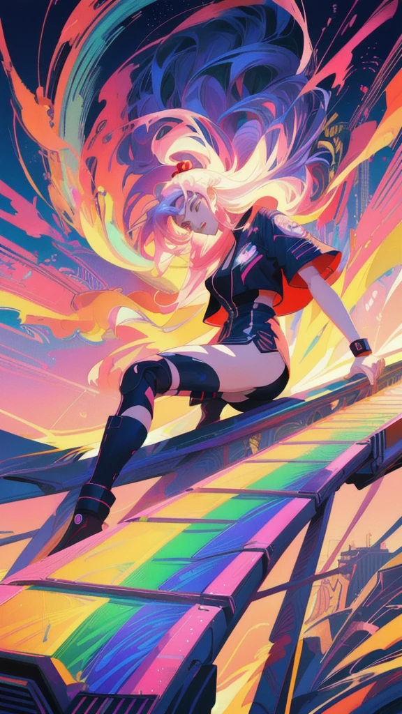 a close up of a car with a girl on it on a rainbow bridge, art deco outrun anime aesthestic, epic anime style, anime epic artwork, badass anime 8 k, epic art style, girl elon musk, joker as naruto, stunning art style, anime style digital art, anime wallaper, anime styled digital art, anime style 4 k, anime style artwork