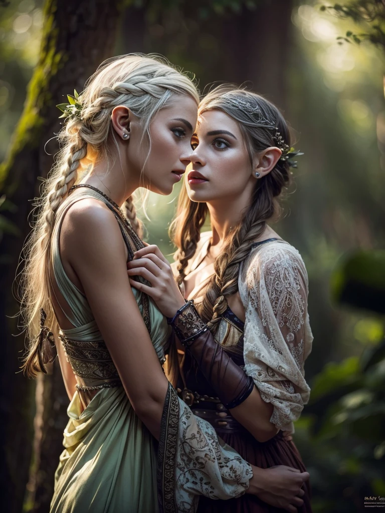 Masterpiece, 2 different beautiful young female elves hugging, pale skin, beautiful elf dress, braided white hair,elfic ears, ((small)), firm perky breasts, slim athletic body, tall, mysterious expression, fantasy forest, HD, (detailed skin texture:1.1), best quality, ultra high res, (photorealistic: 1.4), Raw photo, by Ellen von Unwerth, Nikon D850 Film Stock Photography, F1.6 Lens, Rich Colors, Realistic, Cinestill 800, backlight, rimlighting, sunlight