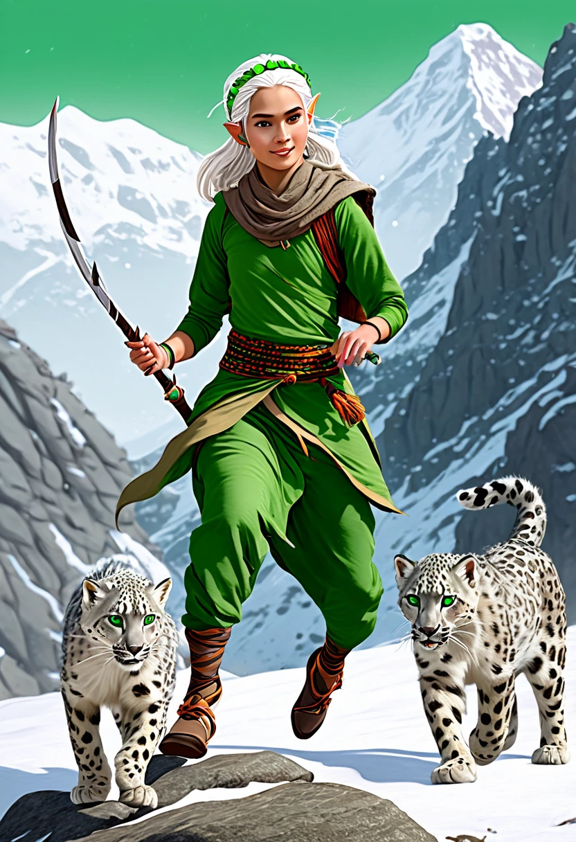 digital illustration by artist arun fauzdar, a young elf with white hair and a green headband, dressed in a brown and green outfit with various accessories and holding an elephian blade. she runs along a rocky surface against the backdrop of a large mountain, and with her runs a snow leopard, who is also running. the snow leopard has a