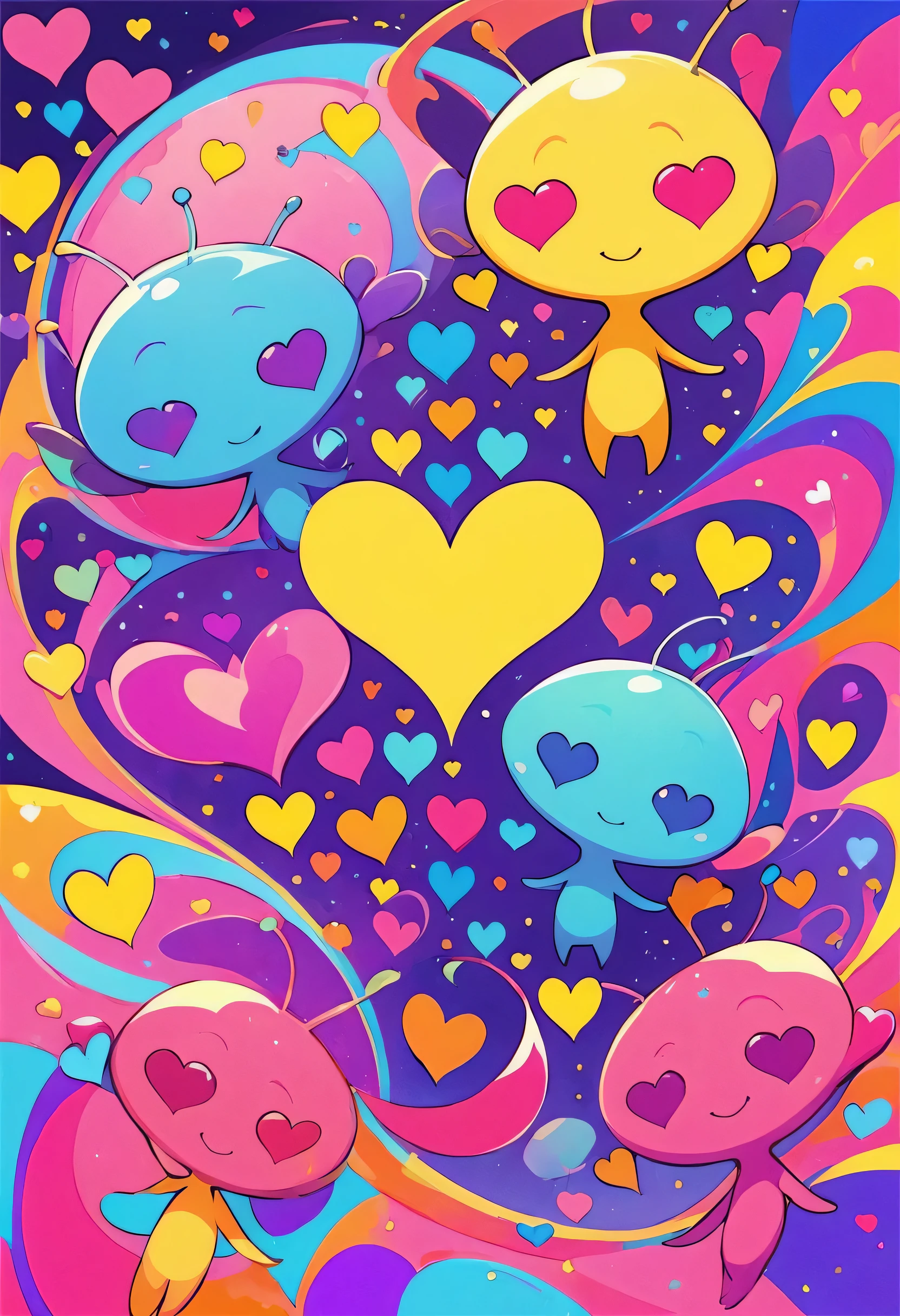 Micho colorfull style, Simple Line Initialism,Abstract art,(((The most beautiful girl of all time))), Sweet face. colorful hearts, funny design, (((bosom buddy ))), (((Cute Aliens))), The background is space