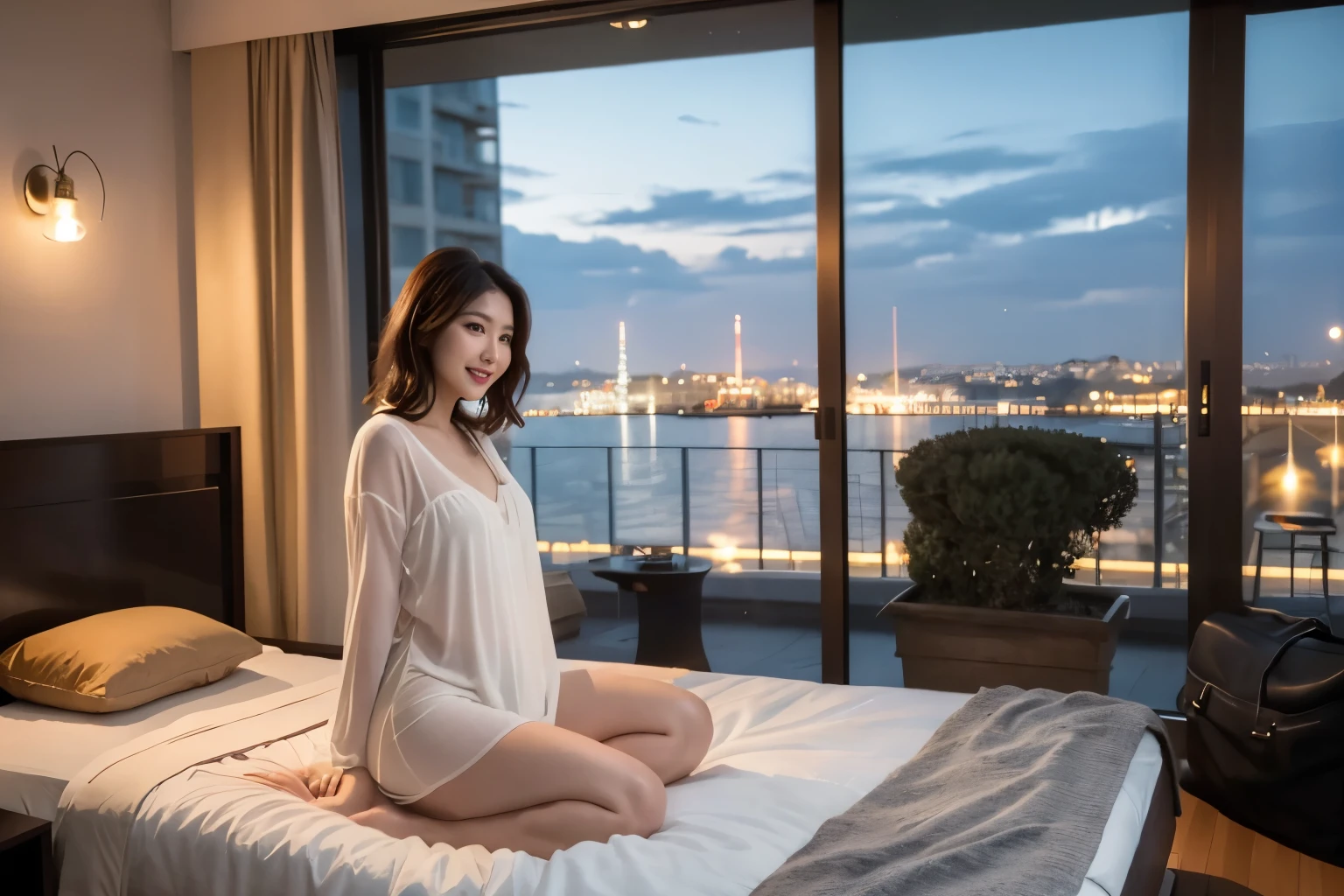 (((masterpiece))), (((Highest quality: 1.4))), ((Super detailed: 1.4)) ,
Looking out at the night view of Tech Town on San Francisco Bay from the window of a high-rise apartment building, wearing a see-through nightgown、On the bed、Beautiful mature woman、(Full Body Shot:1.2),
