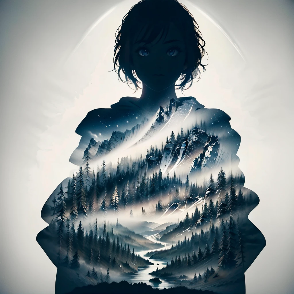 Firewatch style landscape, encased in a half-inverted human silhouette, figure in the foreground, minimalism, monochrome background