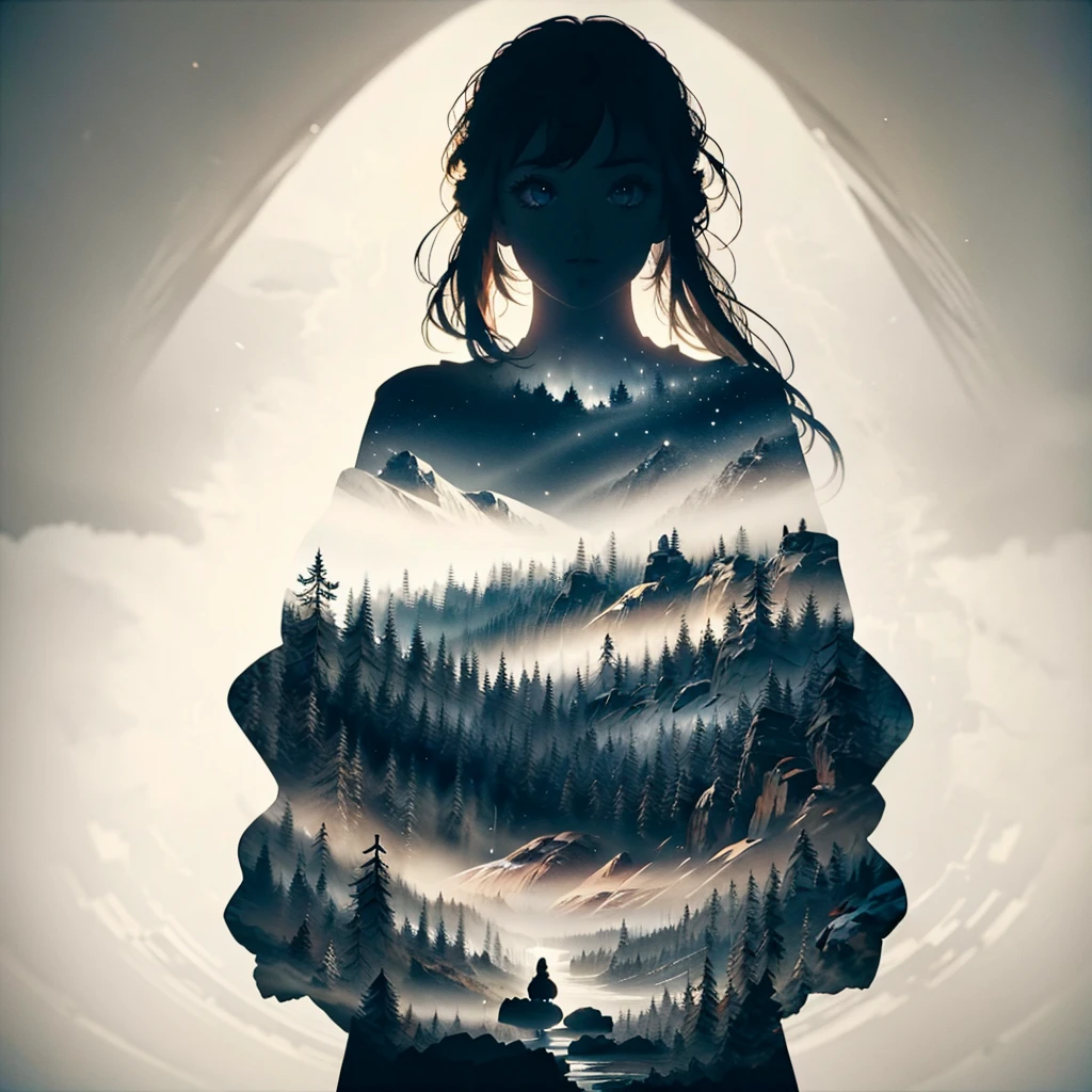 Firewatch style landscape, encased in a half-inverted human silhouette, figure in the foreground, minimalism, monochrome background