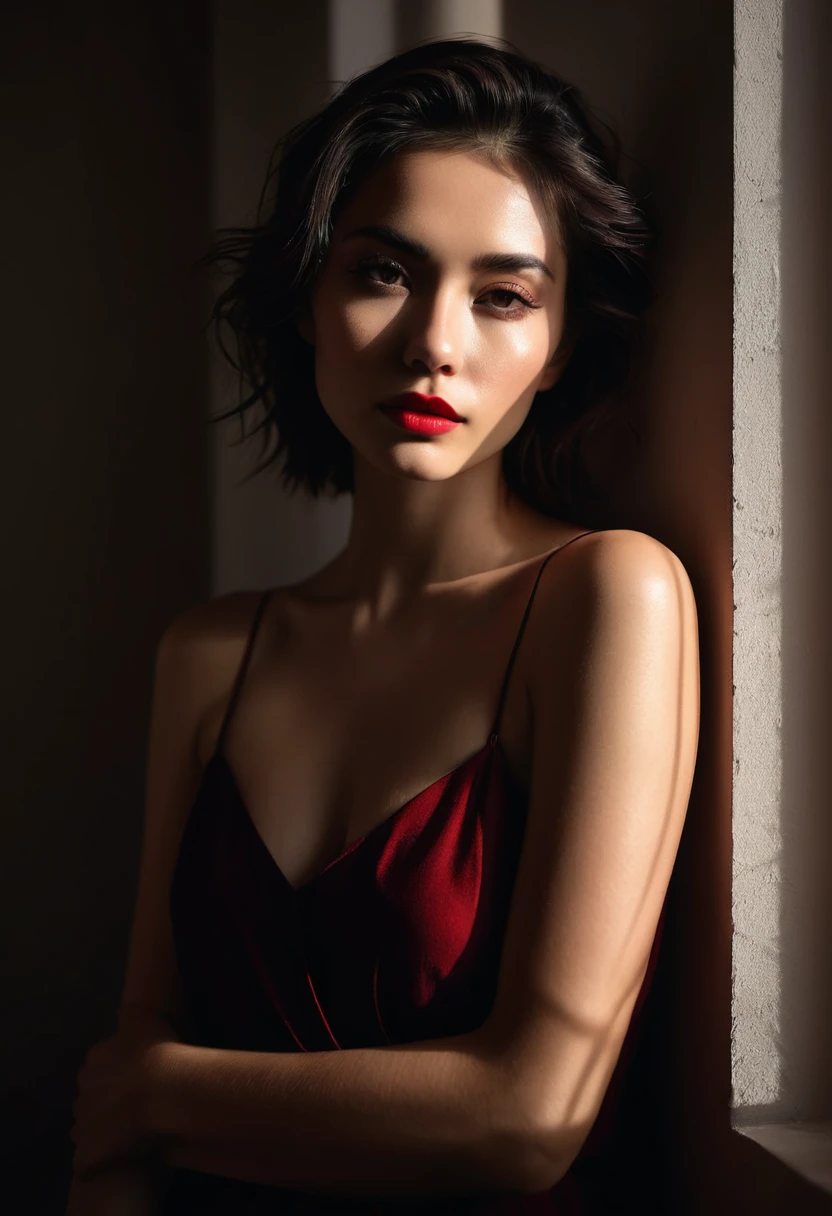 woman bathed in soft light, leaning against a wall, looking into the camera in a moment of raw emotion. Her attire is minimal, accentuating her beauty with the dramatic shadows cast by the lighting. The background is stark, with sharp contrasts highlighting the contours of her form. The red and black palette intensifies the mood, evoking a sense of mystery and allure. Subtle film grain and meticulous shading add depth and texture, emphasizing the emotional gravity of the scene. The lighting creates a chiaroscuro effect, accentuating her expressive pose and the intense atmosphere.