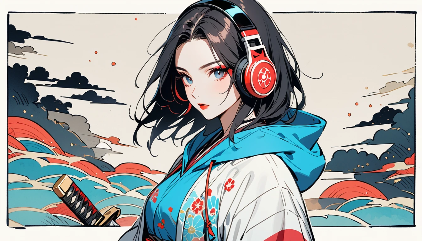 (((1 girl))), (((Flashy makeup))), (((Japanese style headphones))), (((Japanese pattern hoodie))), (((Japanese sword))), (((Female samurai))), Japanese beautiful girl, Black Hair, Delicate and precise, Modern ukiyo-e style, Japanese flag, red and blue neon