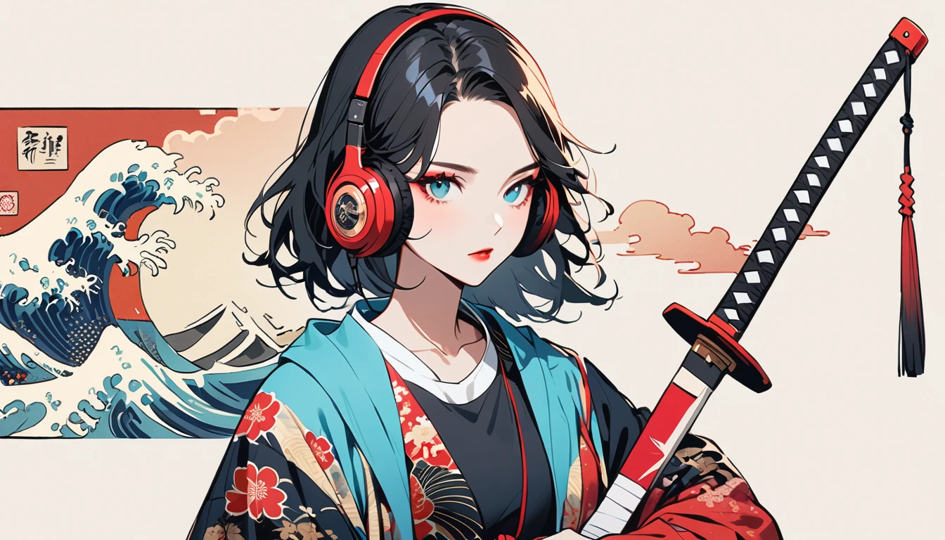 (((1 girl))), (((Flashy makeup))), (((Japanese style headphones))), (((Japanese pattern hoodie))), (((Japanese sword))), (((Female samurai))), Japanese beautiful girl, Black Hair, Delicate and precise, Modern ukiyo-e style, Japanese flag, red and blue neon