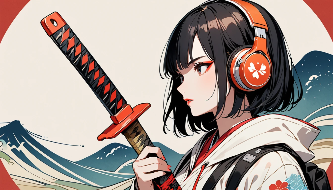 (((1 girl))), (((Flashy makeup))), (((Japanese style headphones))), (((Japanese pattern hoodie))), (((Japanese sword))), (((Female samurai))), Japanese beautiful girl, Black Hair, Delicate and precise, Modern ukiyo-e style, Japanese flag, red and blue neon