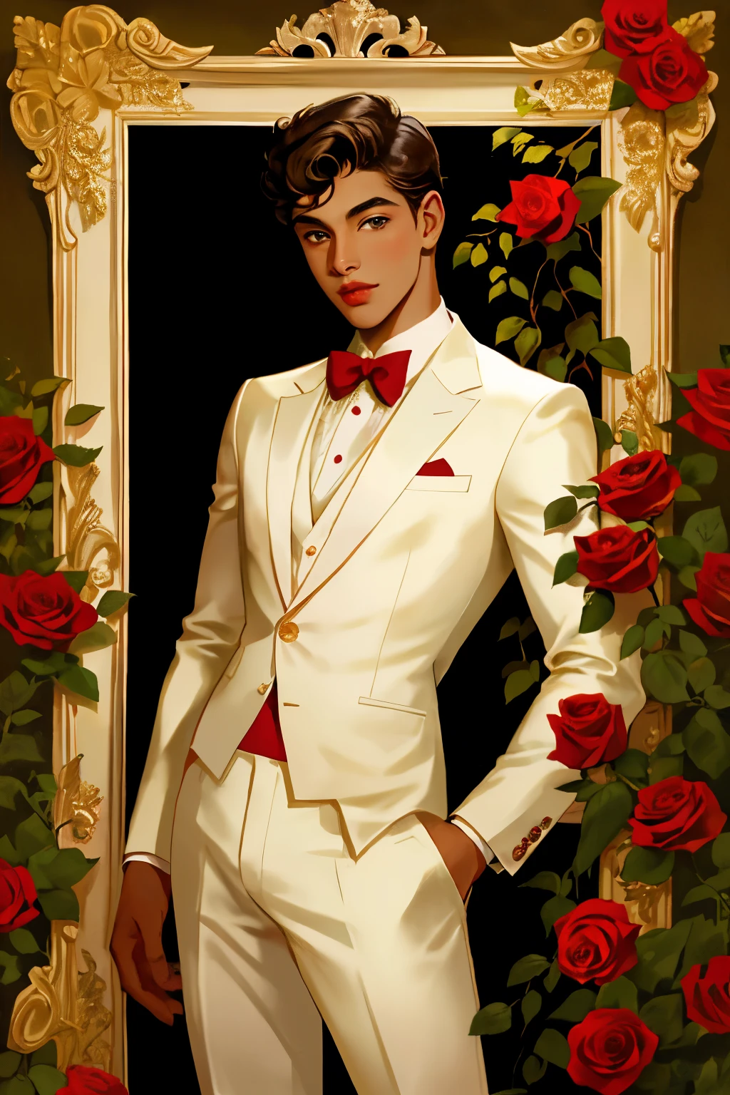 Portrait of a fancy teenage male, , and tan skin, have a fancy and modern design of clothes, Red, brown skin, giving a Marilyn Monroe Vibe, Sedductive beautiful male with beautiful roses and buquet