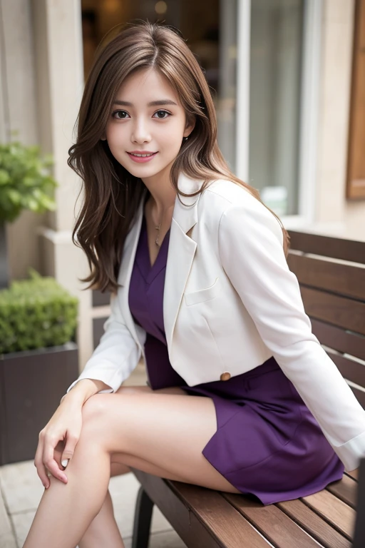 A scene of a woman wearing a colorful open-chested suit sitting on a bench on a sunny day with a great smile
