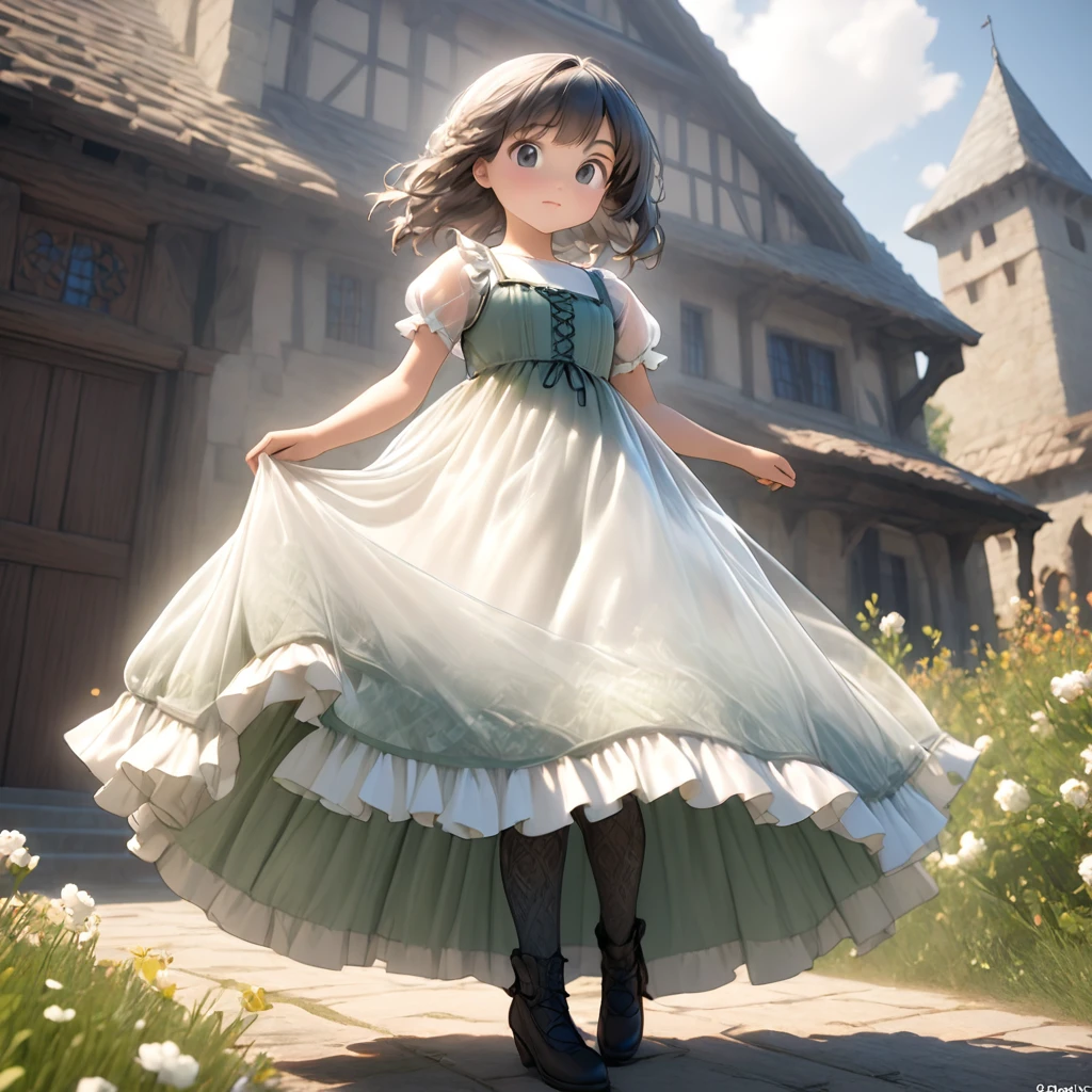 (Highly detailed CG Octane render 8k wallpaper), 8 year old girl underwear, Realistic cotton bloomers, Medieval translucent long dress with panniers, Fabric Realism, Low Angle,  Pull up the dress by hand, Strong winds, Translucent slip, Translucent slip, tights, Highest quality, whole body