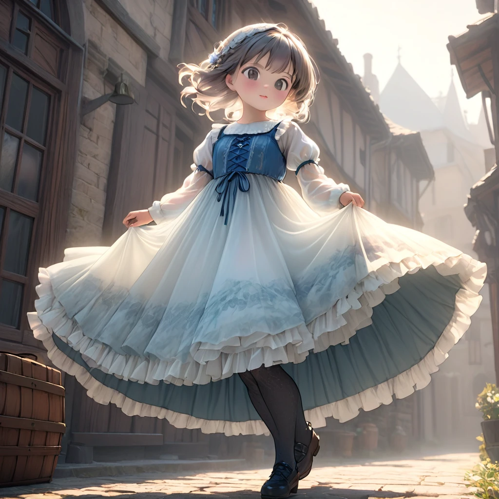 (Highly detailed CG Octane render 8k wallpaper), 8  girl underwear, Realistic cotton bloomers, Medieval translucent long dress with panniers, Fabric Realism, Low Angle,  Pull up the dress by hand, Strong winds, Translucent slip, Translucent slip, tights, Highest quality, whole body