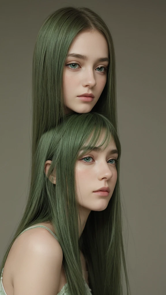 a girl. Europe. Extremely detailed face. Oval face. delicate facial features. long face. eyes half closed, gentle and seductive. green eyes. long straight hairstyle. green hair. Sad. shy. straight face