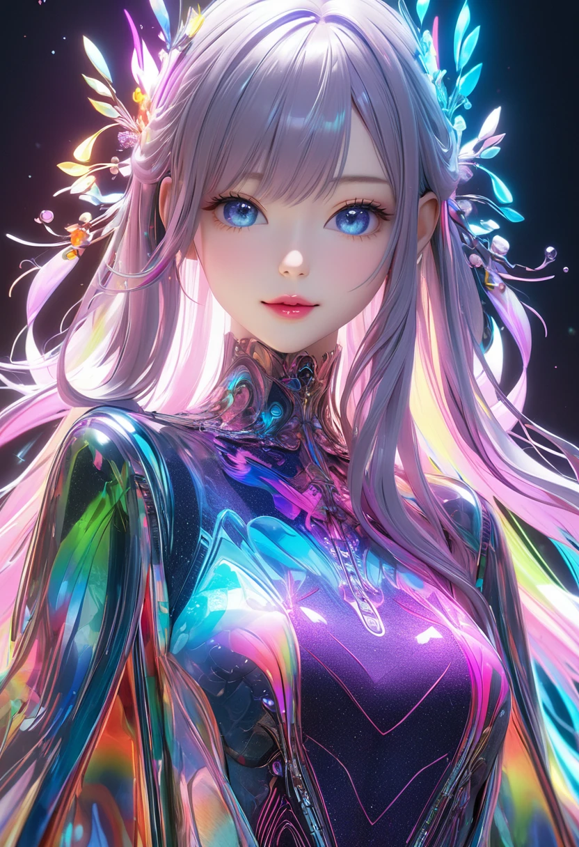 (8k, RAW Photos, Realistic:1.25) ,( Lip gloss, eyelash, Glossy surface, Glowing Skin, Highest quality, Ultra-high resolution, Written boundary depth, chromatic aberration, Caustics, Wide Lighting, Natural Shading,K-POPアイドル) She stares silently at the viewer, Happiness like a goddess.,art wallpaper 8k, best anime 4k , anime art wallpaper 4k, anime art wallpaper 4k, Anime Style 4k, detailed Digitalアニメアート, Digitalアニメアート, anime wallpaper 4k, anime wallpaper 4k, Holography in anime, Draw in neon colors:1 girl:future, transparent, 3d, Light, sf, Digital art, Digital, scientific, Dark Background: electronic circuit: Draw in neon colors, 3d, masterpiece, Digital空間, energy, beautiful, masterpiece, 8k, Light, Familiar, Vibrant, colorful,colorful,Overflowing with smiles,colorful, Nice, beautiful, Rich colors, beautiful ,. Magical Effects, Sparkling, beautiful Light ,Luxury Fashion,girl, Inji, Purple Hair, Blue Eyes, Long Hair, Gray Hair, Gradient Hair,Delicate depiction,Platinum Gradation,Fine details,Chic and stylish,Perfect Makeup,Glamorous expression,Beautiful and delicate eyes,Beautiful and delicate lips,Dior Pink Lip,
