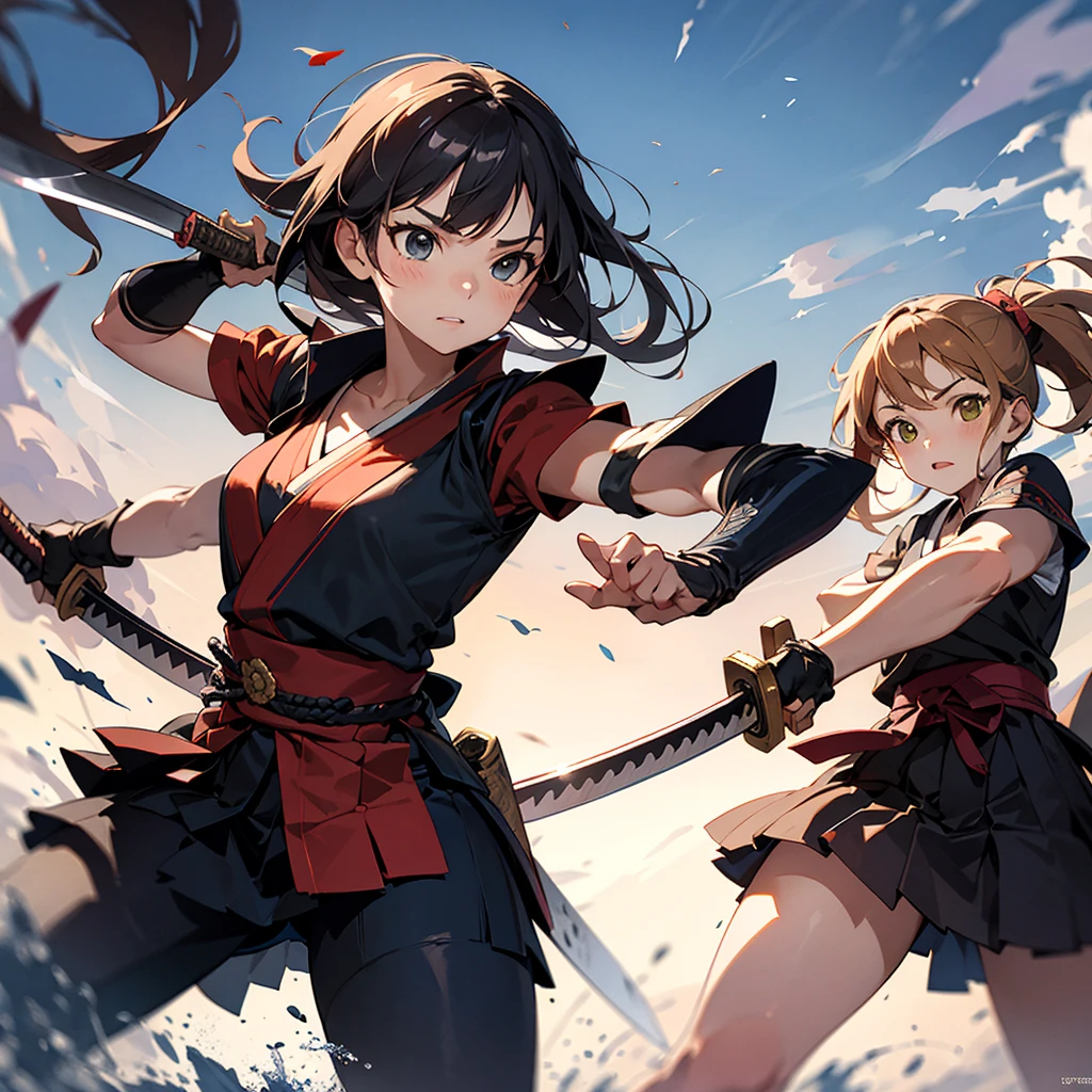samurai girl looks like Emma Watson, Dual wielding katanas
