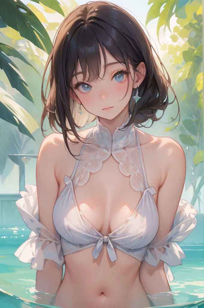 masterpiece、、、super high quality、Super detailed、Perfect drawing、solo、beautiful girl、Chubby(1.2)、Whip、Little Fat、(((Micro Bikini))、Sneak Costumes、Upper body only、The gesture of pulling up the hair with both hands、Wide open armpits、Soft belly、Puffy bust top、swimming、White Sand、Beautiful Landscape、sun rays、Light ahead、Natural light from the front、Sparkling water surface、breast enhancement、Shot from diagonally below、Meticulous drawing、Accurate drawing、