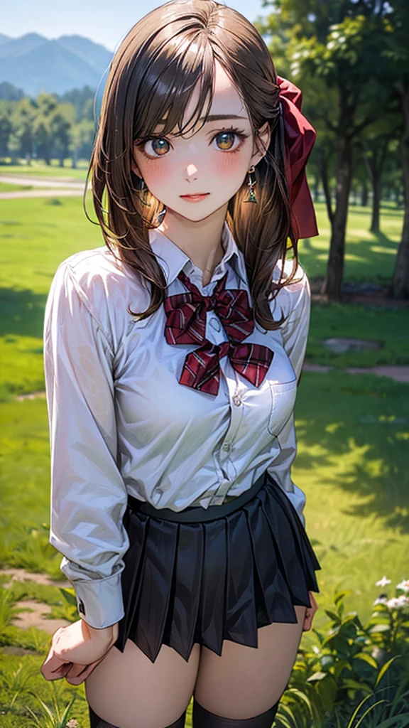 (masterpiece:1.2, top-quality), (realistic, photorealistic:1.4), beautiful illustration, (natural side lighting, movie lighting),
looking at viewer, cowboy shot, front view:0.6, 1 girl, japanese, high school girl, perfect face, cute and symmetrical face, shiny skin,
(lCowboy shot, front view, pixie cut
1.8, straight hair:1.7, light brown hair), parted bangs, emerald green eyes, long eye lasher, (large breasts:0.9, thick thighs),
beautiful hair, beautiful face, beautiful detailed eyes, beautiful clavicle, beautiful body, beautiful chest, beautiful thigh, beautiful legs, beautiful fingers,
((, white collared shirts, black pleated mini skirt, black socks, brown loafers, red bow tie)), break, hoop ring earrings, pink panties, dark blue violet cardigan, break,
(beautiful scenery),
In a grassy field, a girl iand their bodies are piled on top of each other.
Her face is bright red and flushed with embarrassment.
