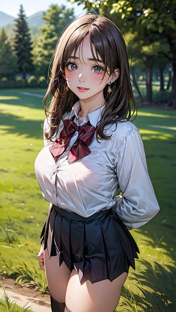 (masterpiece:1.2, top-quality), (realistic, photorealistic:1.4), beautiful illustration, (natural side lighting, movie lighting),
looking at viewer, cowboy shot, front view:0.6, 1 girl, japanese, high school girl, perfect face, cute and symmetrical face, shiny skin,
(lCowboy shot, front view, pixie cut
1.8, straight hair:1.7, light brown hair), parted bangs, emerald green eyes, long eye lasher, (large breasts:0.9, thick thighs),
beautiful hair, beautiful face, beautiful detailed eyes, beautiful clavicle, beautiful body, beautiful chest, beautiful thigh, beautiful legs, beautiful fingers,
((, white collared shirts, black pleated mini skirt, black socks, brown loafers, red bow tie)), break, hoop ring earrings, pink panties, dark blue violet cardigan, break,
(beautiful scenery),
In a grassy field, a girl iand their bodies are piled on top of each other.
Her face is bright red and flushed with embarrassment.