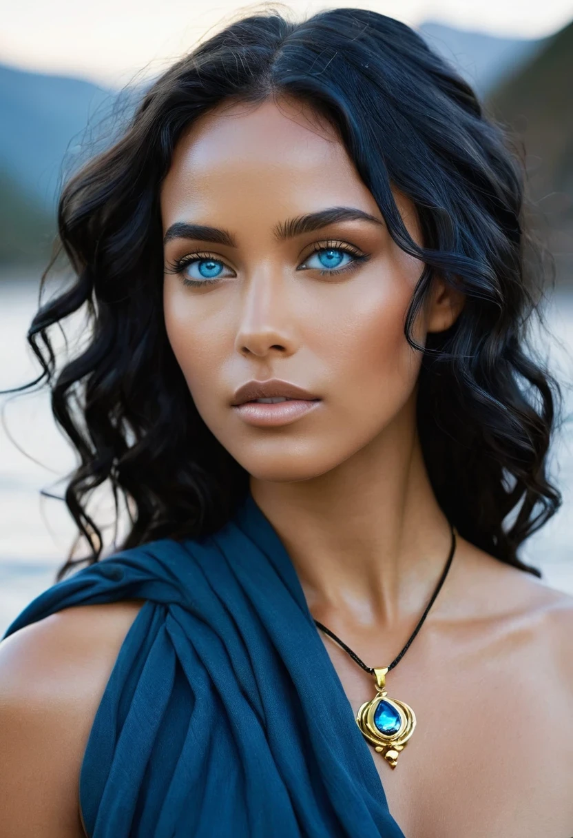 Profile photo - persuasion, emotion, without showing the face, only with eyes or mouth, showing a strong connection. A woman with beautiful, striking blue eyes, wavy black hair, bronze skin tone. Based on the predominant archetypes of Sage and Explorer, Elements:
Water and Earth: Healing, nourishment and stability.
Dark Blue and Gold Colors: Reliability, wisdom and excellence.
Symbols
Power, knowledge, exploration and care. Realistic woman, full HD with an air of naturalness. Colors and Symbols:
Gold and Blue: Convey power, leadership and confidence.
Symbols of authority and control.
Elements:
Fire and Earth: Energy, determination and stability, but natural image, everything sophisticated and objects such as small and delicate necklaces maximum 03cm, minimalist, without a crown, without a crown with a landscape background, explorer, water, mountains