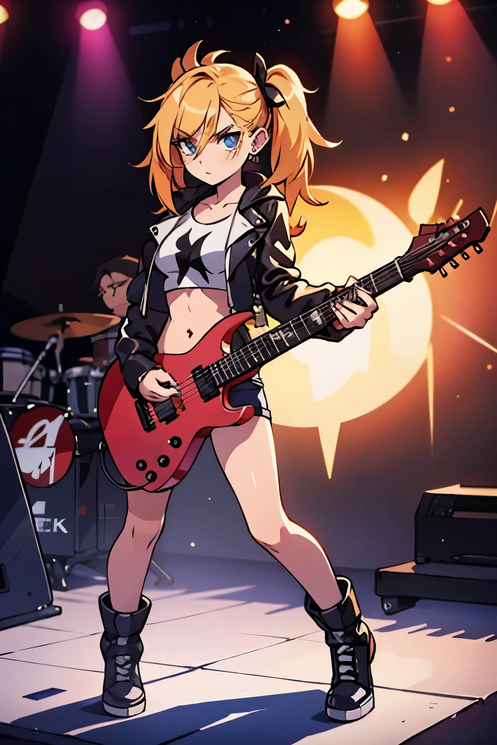 realistic:1.2, Rocker girl wearing a leather jacket,slim body shape、Normal bust size,  full body shot, １two electric guitars, clothes with spikes,white tank top、Navel exposed、low rise leather shorts,tattoo,earrings dark lipstick, blue eyes,blonde twintail hair,black ribbon, beautiful and perfect legs, confident look, punk style ,dynamic pose, dynamic lighting, brightly colored stage,colorful stage lights, ant alexa 65, 50MM lens