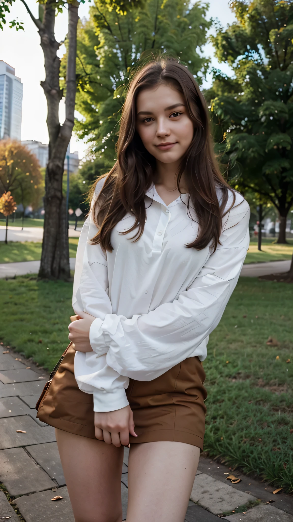 russian nerd woman, brown medium hair, green eyes, 22 years old, smirk, posing in the park, wearing