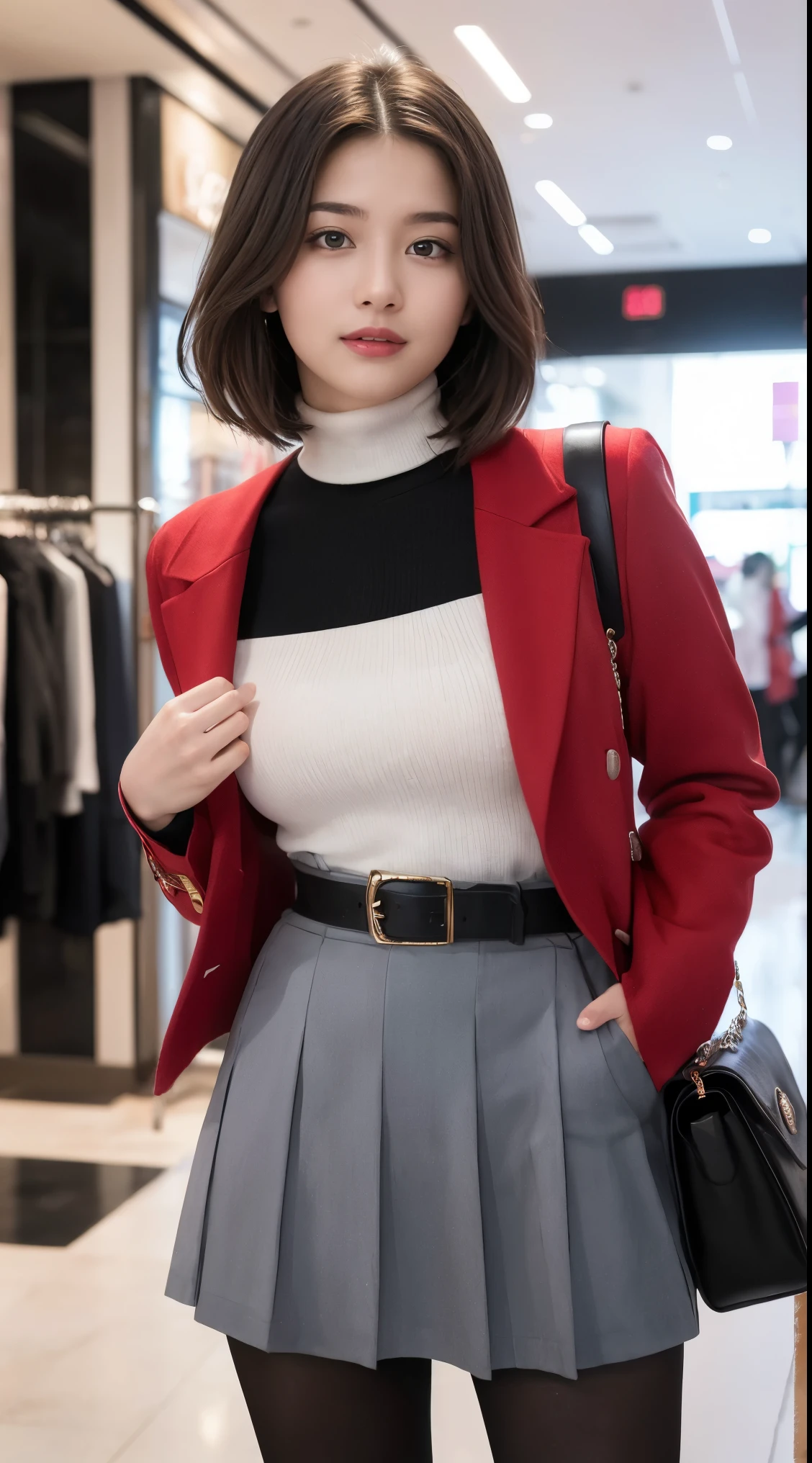 Beautiful girl standing in front of a store in a shopping mall,
(Surreal,High resolution, Very detailed:1.2), (8k), (Beautiful and beautiful eyes, Detailed face:1.2), (Highest quality), (Very detailed), (( masterpiece)),Highest quality,Very detailed,
Beautiful woman standing wearing a dark red checked single-breasted blazer ,break, White turtleneck sweater,
High waist flare jumper skirt、With blue belt, (Ultra-realistic pantyhose), Full Body Shot、
Black medium bob, Beautiful and beautiful eyes, Cute Face, bust, Big Boss, Elegant and beautiful features, Captivating smile,
Age 25, mature, Realistic drawing art , 
1 female, (Whole Body Ezbian:1.2),(頭からbustへの画像スコープ),
