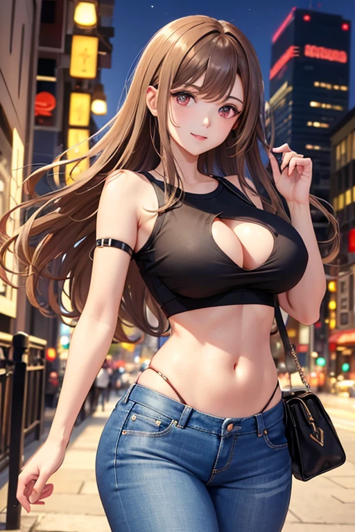 Game , goddess of victory nikke, Rapi , light brown hair, alluring eyes ,beautiful face , crystal red eyes , long hair , women black colour short sleeve cropped top , jeans trousers, leggings,selfie wind, 1 hand bag, cheerful eyes, ,g cup breast, slender waist, bewitching thighs, five fingers each hand, two hand ,two leg , in town, date, standing, beautiful, high heels, night ,light district