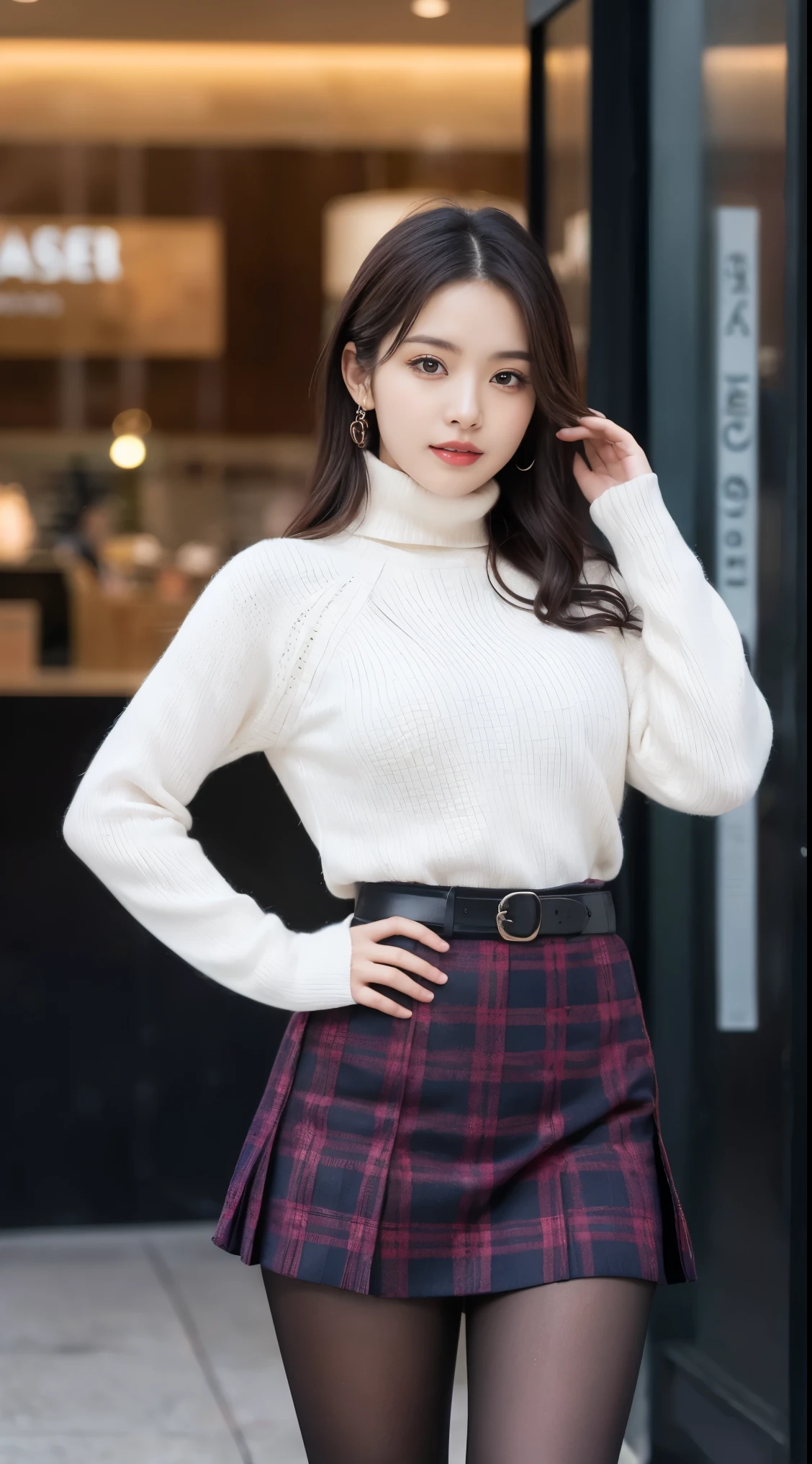 Beautiful girl standing in front of a store in a shopping mall,
(Surreal,High resolution, Very detailed:1.2), (8k), (Beautiful and beautiful eyes, Detailed face:1.2), (Highest quality), (Very detailed), (( masterpiece)),Highest quality,Very detailed,
Beautiful woman standing wearing a dark red checked single-breasted blazer ,break, White turtleneck sweater,
High waist flare jumper skirt、With blue belt, (Ultra-realistic pantyhose), Full Body Shot、
Black medium bob, Beautiful and beautiful eyes, Cute Face, bust, Big Boss, Elegant and beautiful features, Captivating smile,
Age 25, mature, Realistic drawing art ,
1 female, (Whole Body Ezbian:1.2),(頭からbustへの画像スコープ),