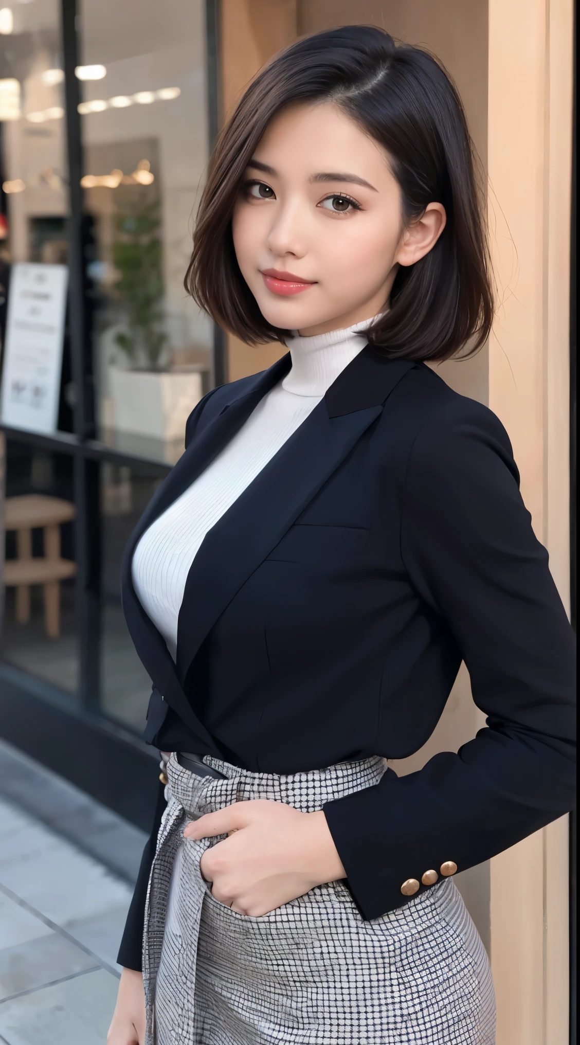 Beautiful girl standing in front of a store in a shopping mall,
(Surreal,High resolution, Very detailed:1.2), (8k), (Beautiful and beautiful eyes, Detailed face:1.2), (Highest quality), (Very detailed), (( masterpiece)),Highest quality,Very detailed,
Beautiful woman standing wearing a dark red checked single-breasted blazer ,break, White turtleneck sweater,
High waist flare jumper skirt、With blue belt, (Ultra-realistic pantyhose), Full Body Shot、
Black medium bob, Beautiful and beautiful eyes, Cute Face, bust, Big Boss, Elegant and beautiful features, Captivating smile,
Age 25, mature, Realistic drawing art ,
1 female, (Whole Body Ezbian:1.2),(頭からbustへの画像スコープ),