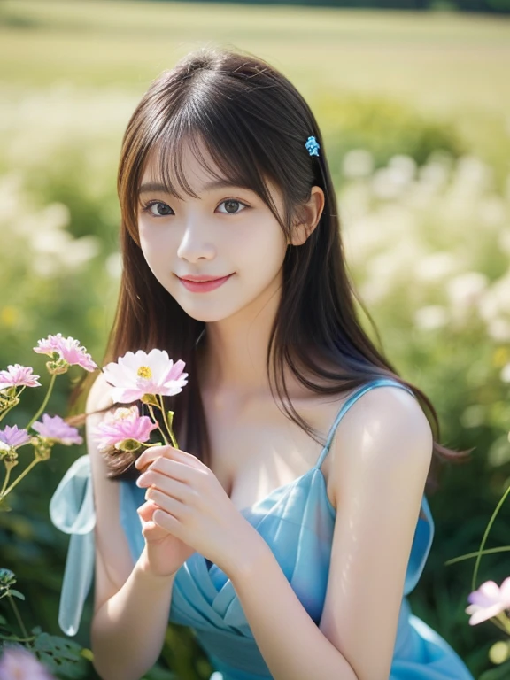 Photo-realistic quality、A Japanese woman in a pale blue sheer dress kneeling in a flower field, Beautiful Japanese girl face, Black Hair, Holding a cosmos flower in her hand、Young Japanese girl idol, In the grassland, Portrait of a Japan teenager,looking at the camera、Detailed and beautiful eyes、Cute smile、A soft and gentle look、A dress with thin straps and a large open chest、Cleavage、Small flower in hair、Shooting with a single-lens camera、300mmF2.Uses 8 lenses