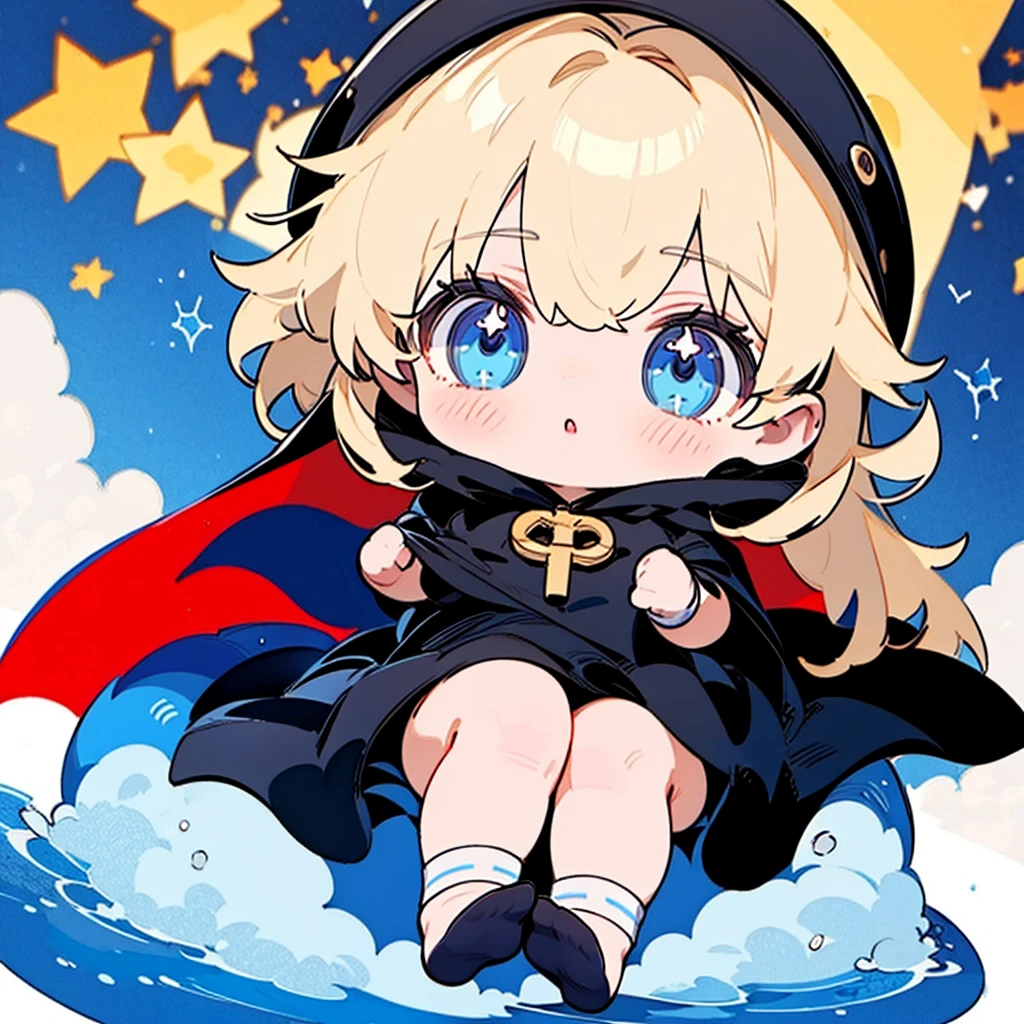 Chibi-chan wearing a black hooded cloak、The cape reaches down to the ankles、